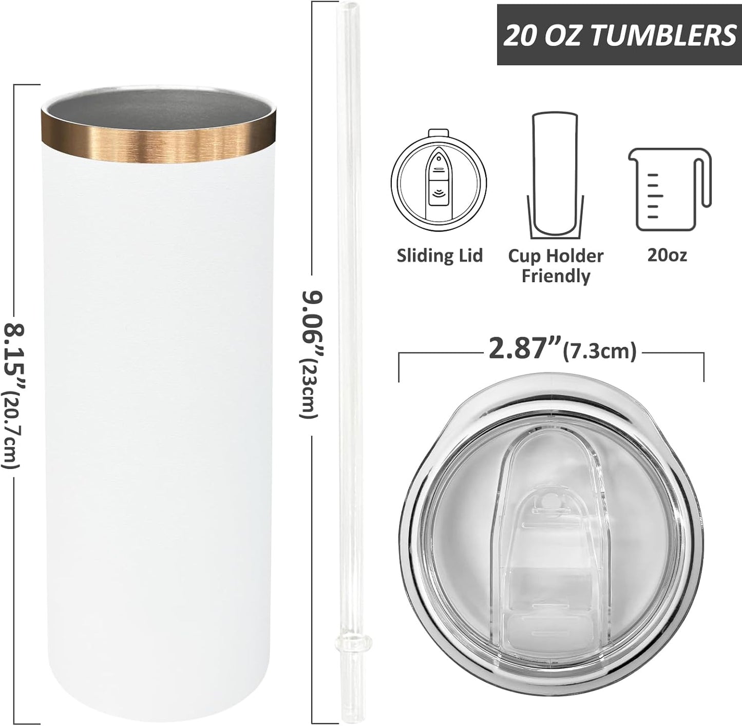 20 oz Skinny Tumblers Bulk 8 Pack, Stainless Steel Insulated Tumbler with Lids and Straws, Slim Double Wall Powder Coated Travel Coffee Mugs Reusable Cup for Hot Cold Drinks (White,8 pack)