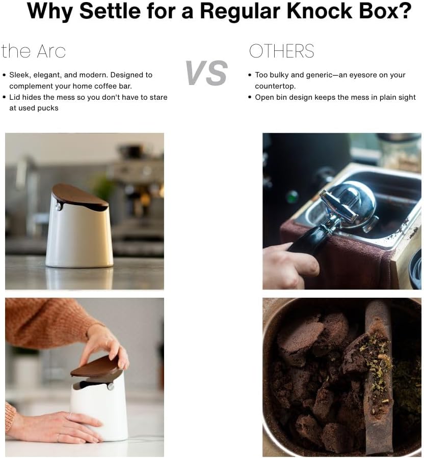 Crema Coffee Products Arc Knock Box | Holds 12–16 Espresso Pucks| Durable,Stain-ResistantBuild withNon-Slip Base|Elegant WalnutPlastic Lid Design| EasyClean-Up &Moisture Control|WhitePlasticLid Finish