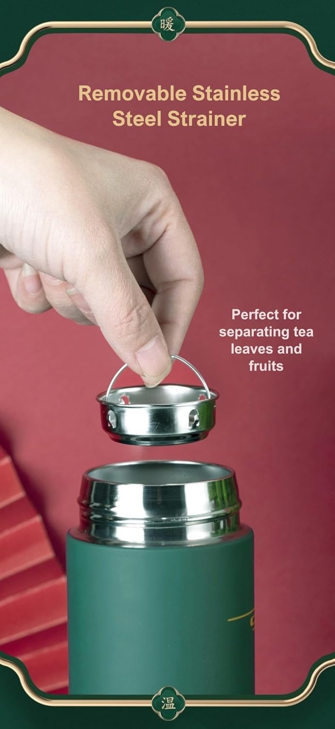 Insulated Coffee Tea Travel Thermos Mug Water Bottle with Removable Strainer and Temperature Featuring Elegant Asian Art Design - 16.9 fl oz (Blue)