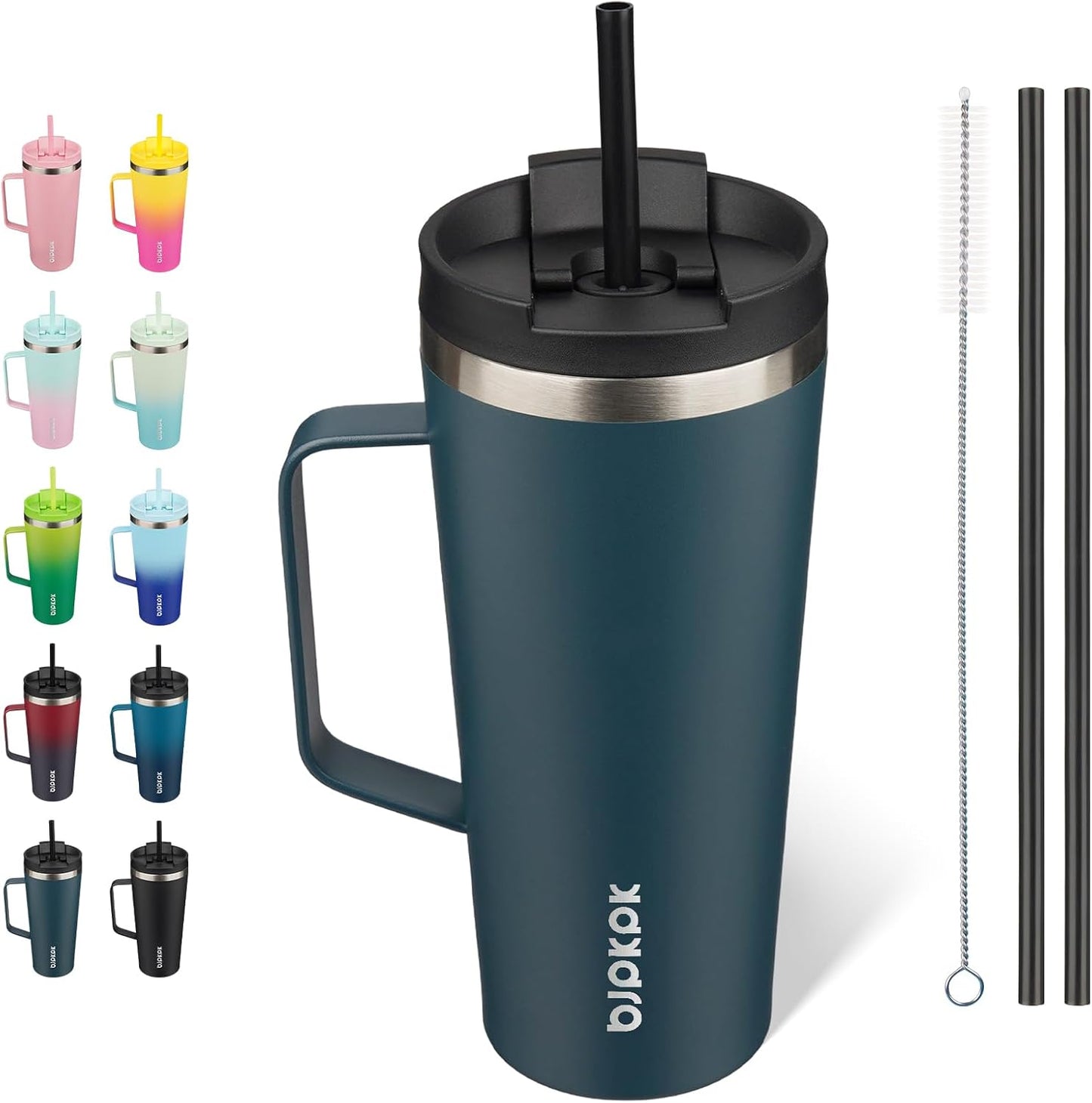 BJPKPK Insulated Tumbler with Handle, 22oz Insulated Tumblers with Lid and Straw, Stainless Steel Metal Water Bottles, Coffee Travel Mugs, Cups, Navy Blue