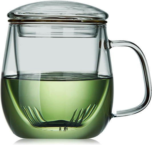 Glass Tea Cup with Infuser and Lid, 17.6oz/520ml Large Borosilicate Teacup, Clear Mug for Loose Leaf Tea, Blooming Tea, Tea Bags - Perfect Christmas or Birthday Gift for Men