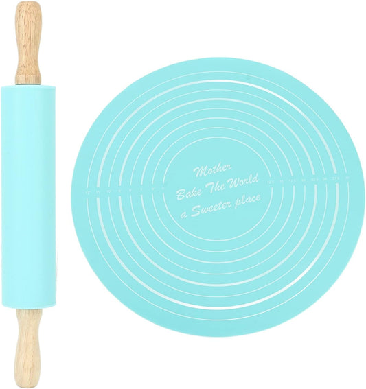 Large Silicone Rolling Pin Pastry Baking Mat Set for Kitchen (Blue)