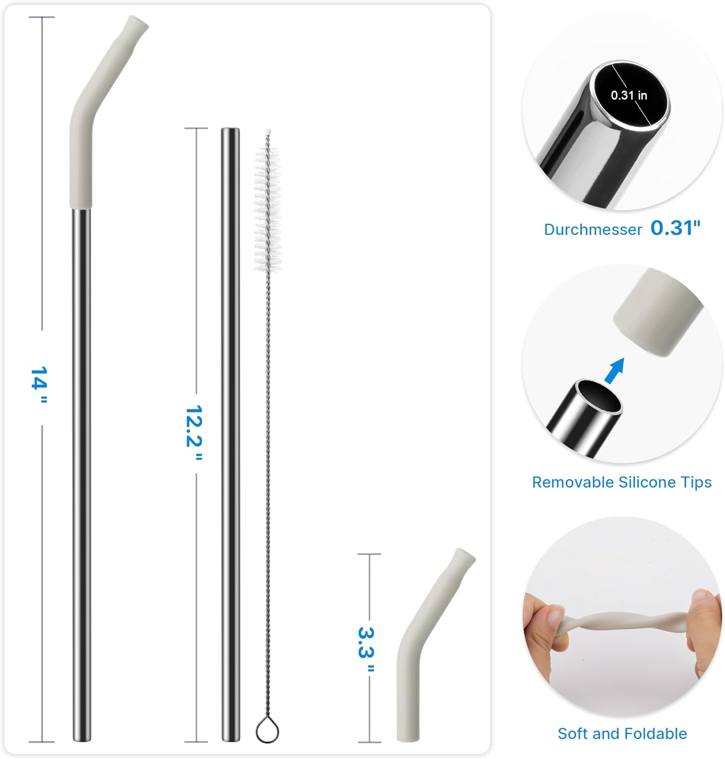 Metal Straw with Silicone Tip for 40oz Stanley Cup, 2 Pcs Stainless Steel Straws Replacement for Stanley 40 oz Adventure Quencher Travel Tumbler Cup, 1 Straw Brush (Cream Grey)