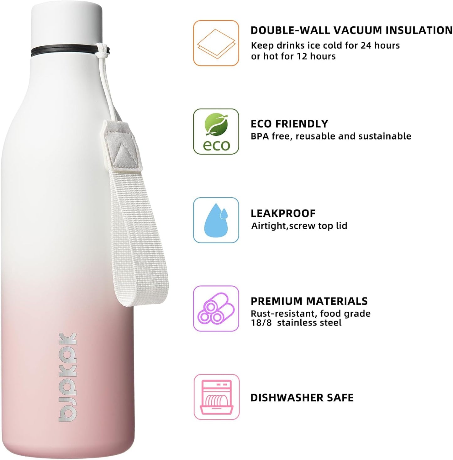 BJPKPK Insulated Water Bottles, 25 oz Stainless Steel Metal Water Bottle with Strap, BPA Free Leak Proof Thermos, Mugs, Flasks, Reusable Water Bottle for Sports & Travel, Graceful Pink