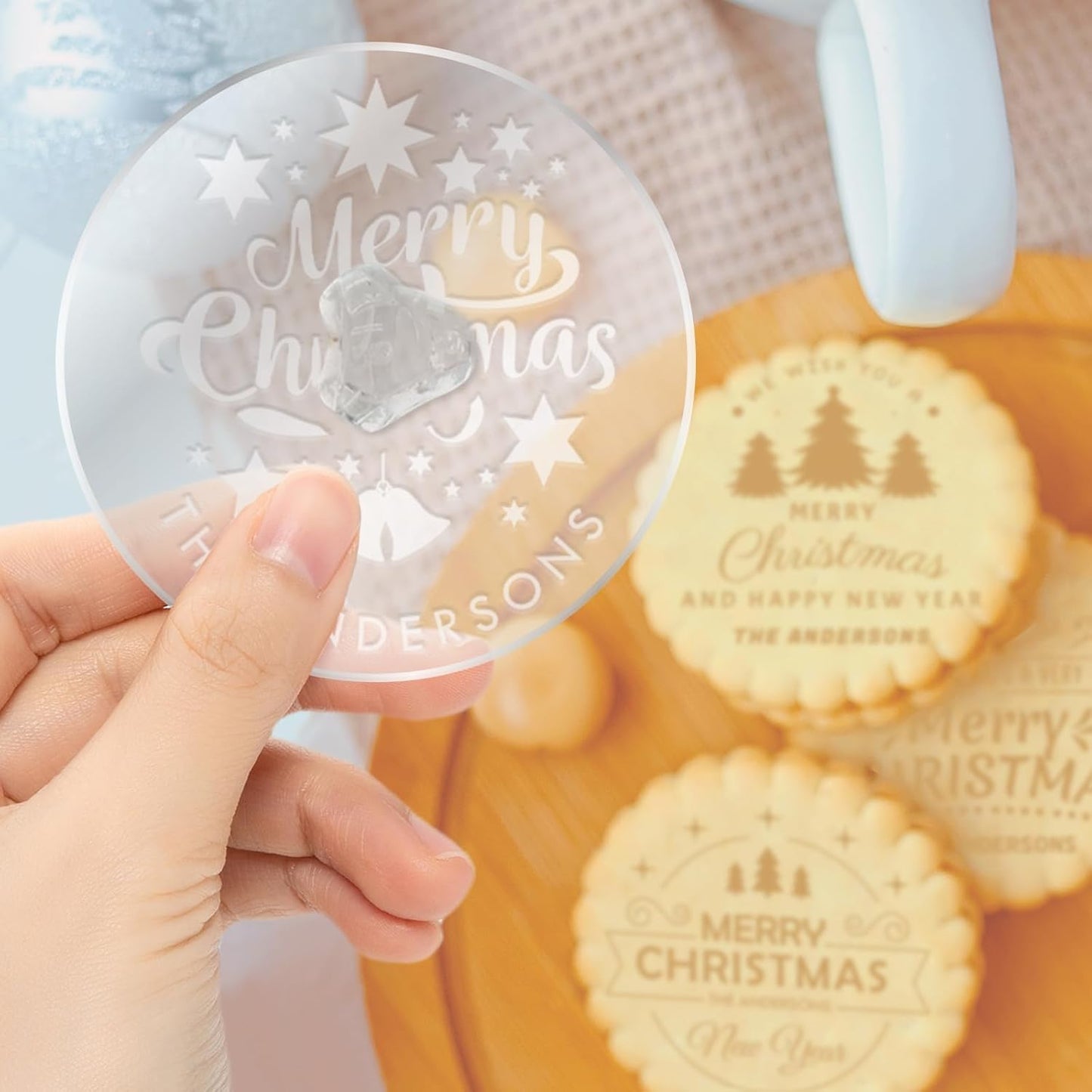 Personalized Christmas Cookie Stamp Custom Acrylic Cookie Embossing Mold with Handle for Baking Decoration
