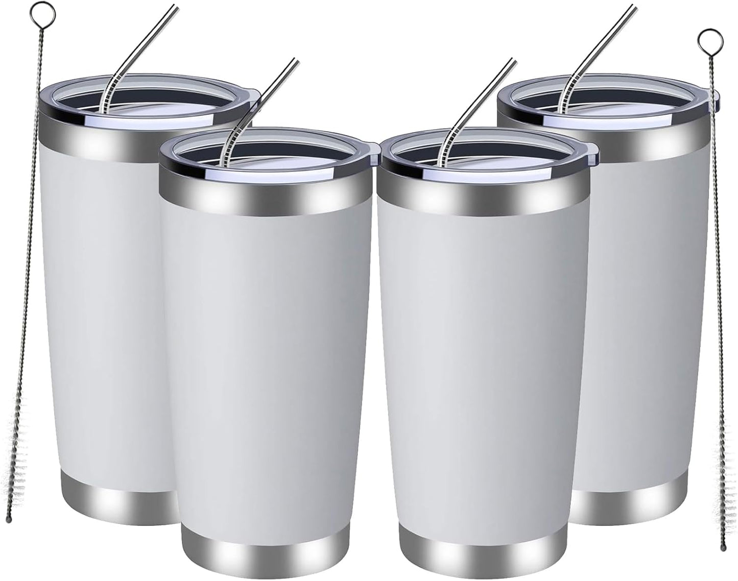 MEWAY 20oz Tumbler 4 Pack Double Wall Vacuum Insulated Travel Mug Bulk, Stainless Steel Tumblers with Lid and Straw, Durable Powder Coated Coffee Cups for Cold & Hot Drinks (White, 4)