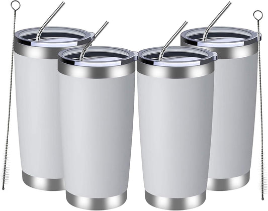 MEWAY 20oz Tumbler 4 Pack Double Wall Vacuum Insulated Travel Mug Bulk, Stainless Steel Tumblers with Lid and Straw, Durable Powder Coated Coffee Cups for Cold & Hot Drinks (White, 4)