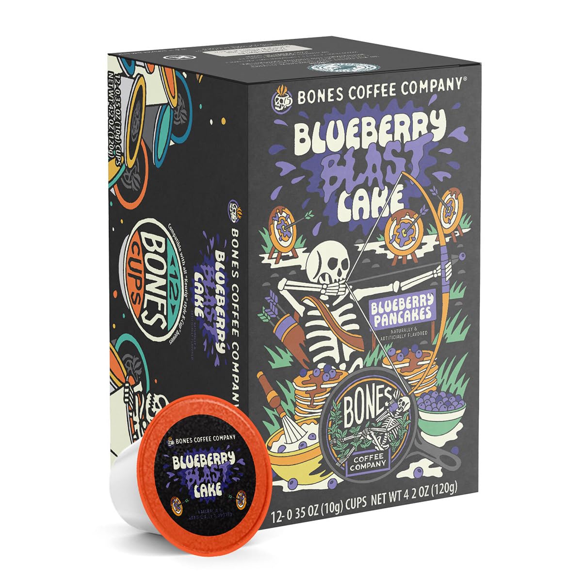 Bones Coffee Company Blueberry Blast Cake, Blueberry Pancake Flavored Coffee Pods, Low Acid Medium Roast Single-Serve Bones Cups, For 1.0 & 2.0 K-Cups Brewers Coffee Maker, 12 Count