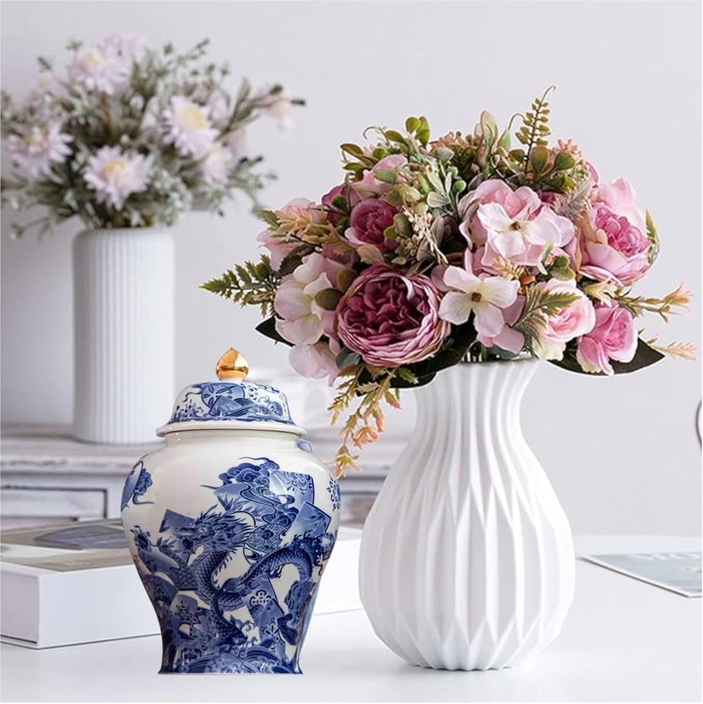 7 inches dragon Ginger Jar - blue white Ceramic Decorative with Lid flower vase， chinoiserie gift Enamel jars for Home/Kitchen/Dining/living room/shelf decor/Tea Storage