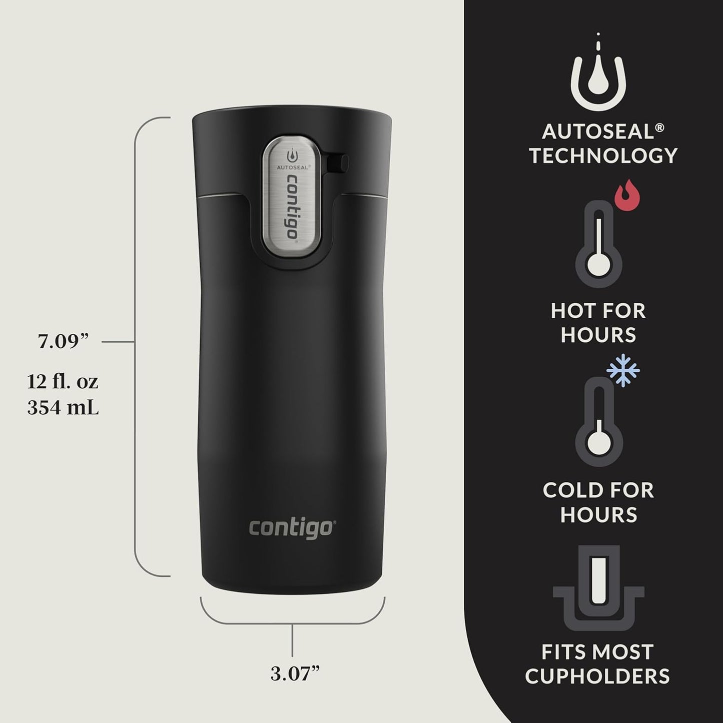 Contigo AUTOSEAL West Loop Vacuum-Insulated Stainless Steel Travel Mug with Easy-Clean Lid, 12oz, Matte Black