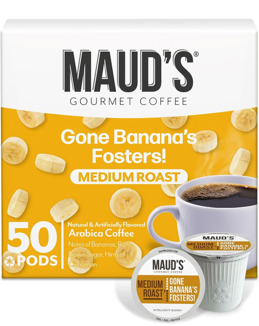 Maud's Banana Flavored Coffee Pods, 50 ct, Medium Roast Flavored Coffee in Recyclable Single Serve Pods – 100% Arabica Beans, Compatible with Keurig K Cups Maker