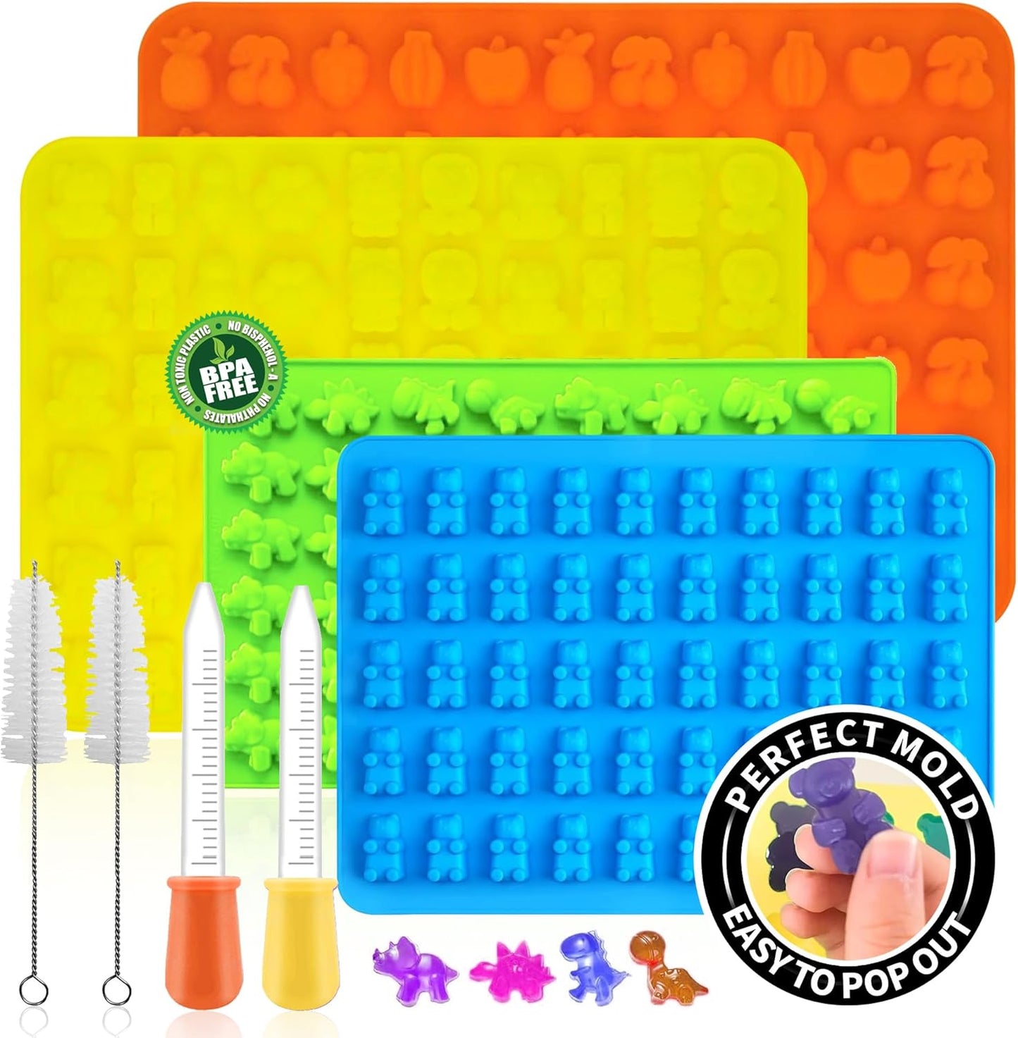 Silicone Gummy Molds Set of 4, Non-stick Candy Chocolate Molds with 2 Droppers 2 Clean Brush, Includes Dinosaur Bear Fruit Animal Shape