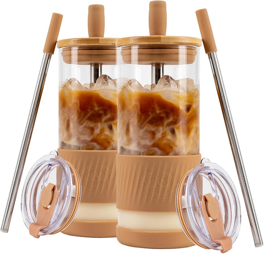 Pandaloo® Glass Cups With Lids and Straws -20 Fl Oz- Perfect Size Iced Coffee Cup - Smoothie Cup With Bamboo Lid and On the go Lid - Glass Tumbler With Straw (2 Count (Pack of 1), Amber Sand)