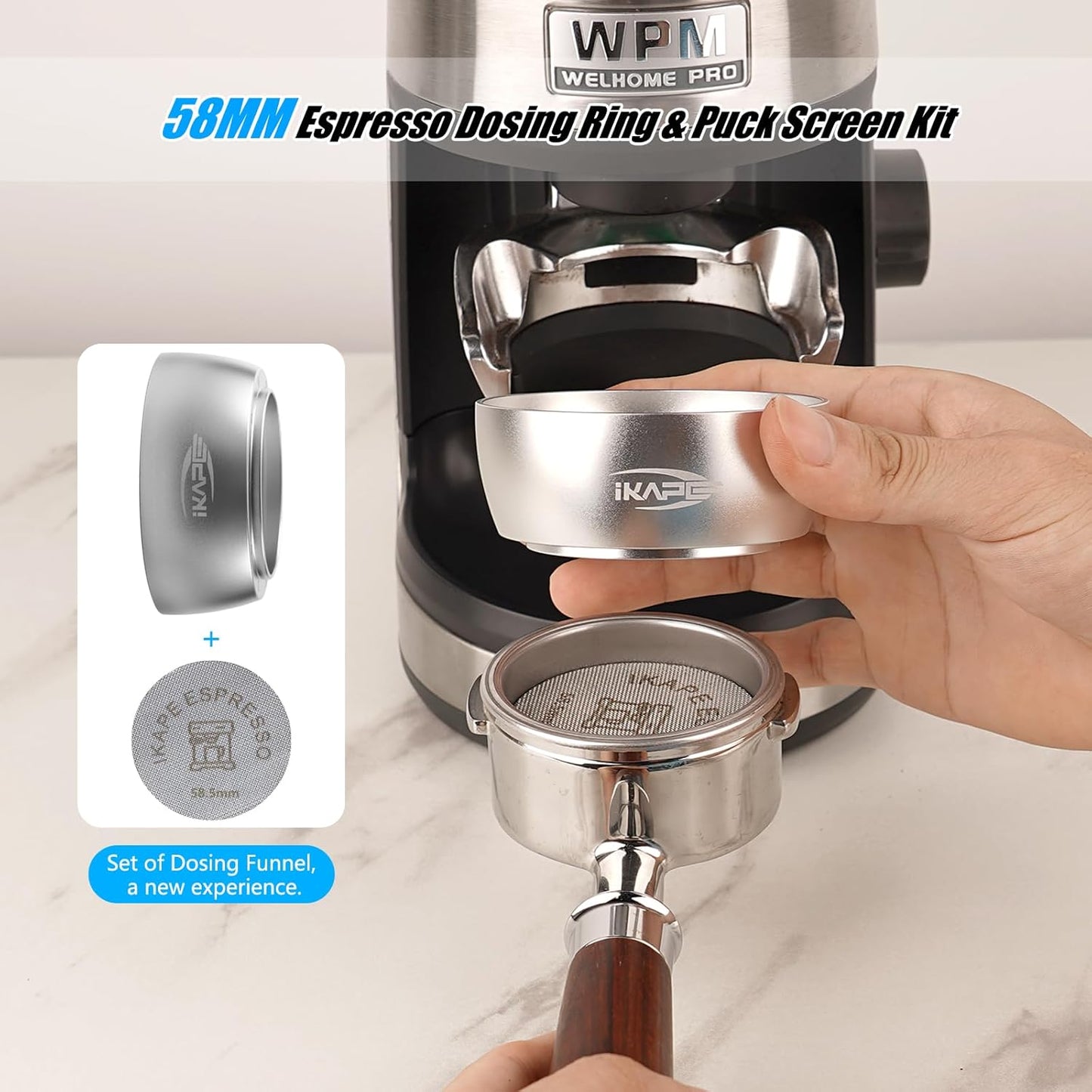 IKAPE Magnetic Dosing Funnel Set, 58MM Espresso Dosing Ring & Puck Screen Kit Compatible with 58MM Bottomless Portafilter - with 10 Small Magnet (Silver)