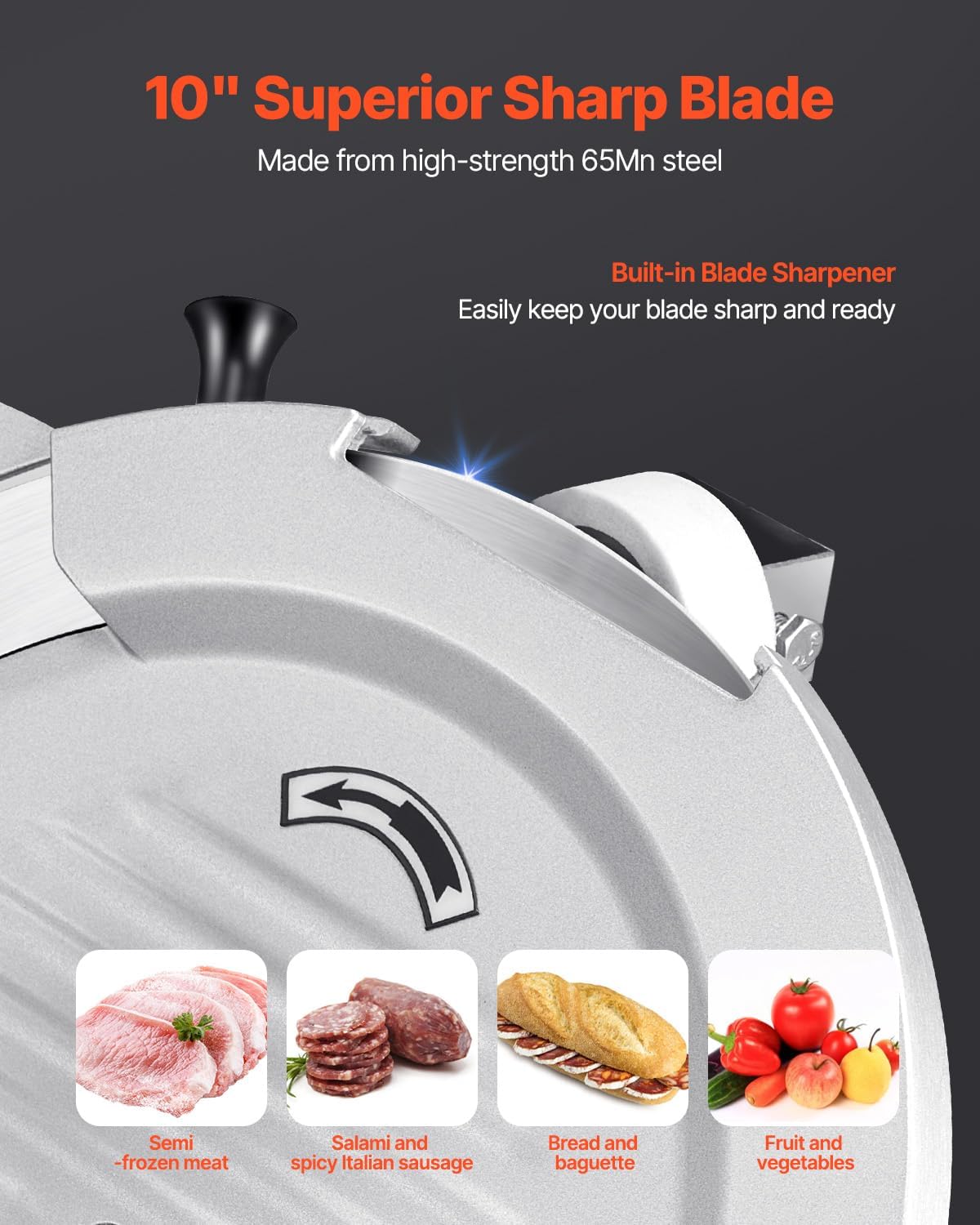 VEVOR Automatic Meat Slicer, 500W Electric Deli Slicer Machine with 10 inch Sharp 75Cr1 Steel Blade, 0-0.67 inch Adjustable Thickness, 633 RPM Fast Slicing, for Frozen Meat, Hard Cheese, and Bread