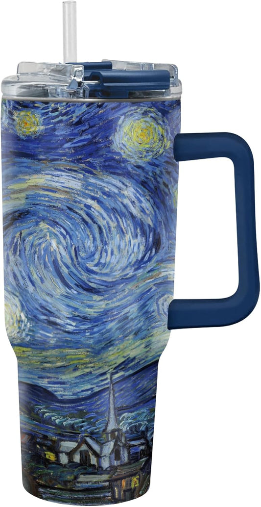 RainCaper 18/8 Stainless Steel Insulated Water Tumbler with Straw | 30oz, BPA-Free, Double Wall for Hot & Cold | Travel-Friendly, Cup Holder Ready (van Gogh Starry Night)