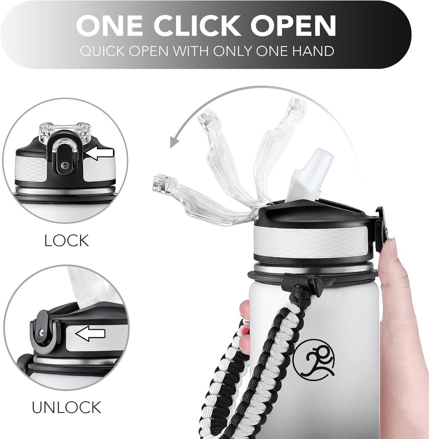 GOSWAG Insulated Sports Water Bottle, 24oz 2 Lids(with Straw/No Straw), Stainless Steel Water Bottles with Paracord Handle, Insulated Bottle with Double-Wall Vacuum Insulation