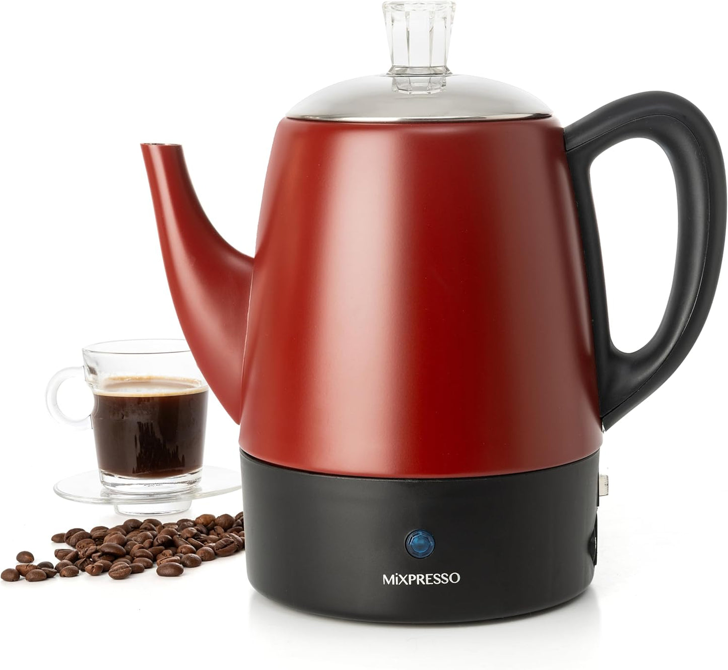 Mixpresso Red Small Percolator Coffee Pot Electric 4 Cup, Stainless Steel Coffee Maker, Coffee Percolator Electric With Keep Warm Function, 4 Cups Stainless Steel Perculator With Basket