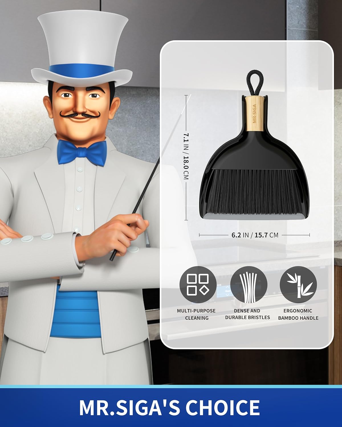 MR.SIGA Mini Dustpan and Brush Set, Portable Cleaning Brush and Dustpan Combo with Bamboo Handle, Black, 1 Set