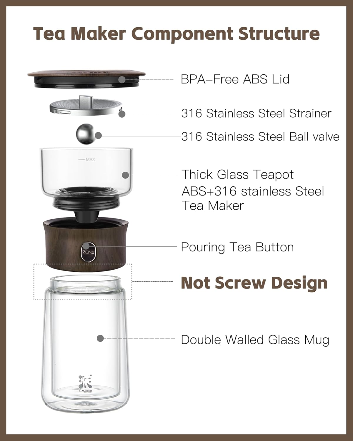 ZENS Modern Glass Infuser Teapot, One Touch Tea Maker for Loose Leaf Tea with Insulated Mug and Portable Case. Enchanted Pot Alternatives for Tea Lover Gifts