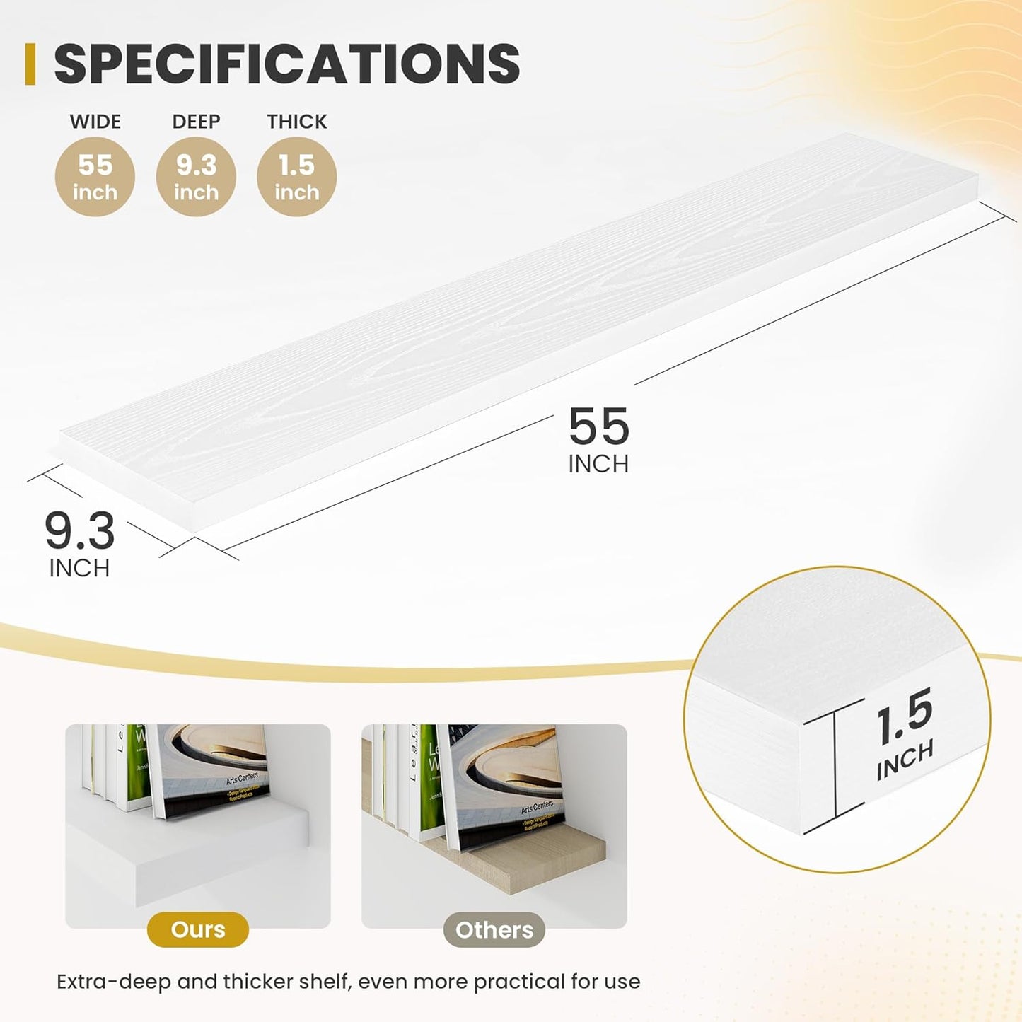 55 Inch Floating Shelves, 9.3" Deep Floating Shelf Wall Mounted, 56" Wall Shelves, Rustic Deep Bookshelf, Large Display Shelves & Storage Shelves for Bedroom, Living Room, White, Set of 1