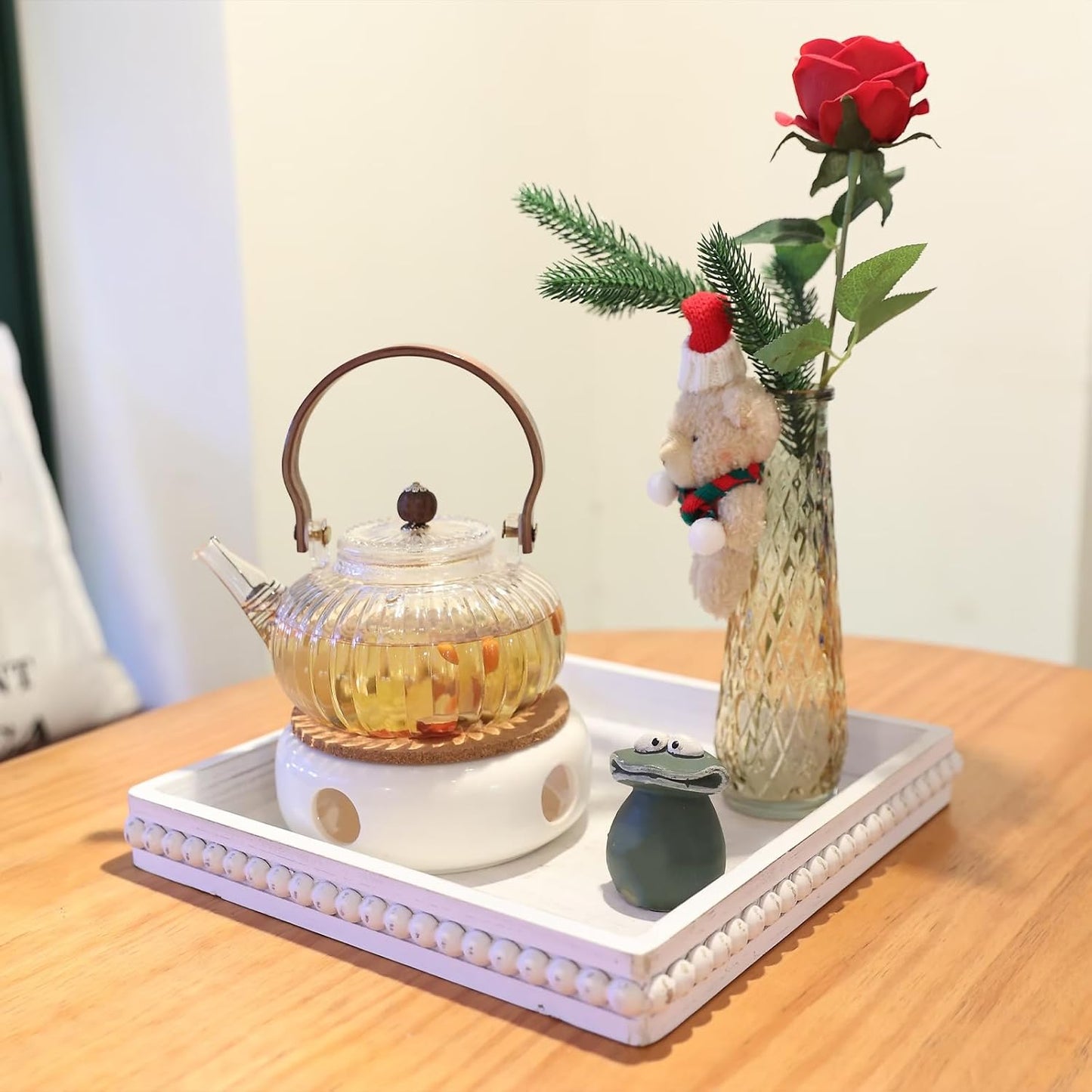 Square Wood Decorative Serving Tray, Rustic Coffee Table Tray for Ottoman,Kitchen Counter Organizer, Bedroom, Home Decor(Whitewashed)