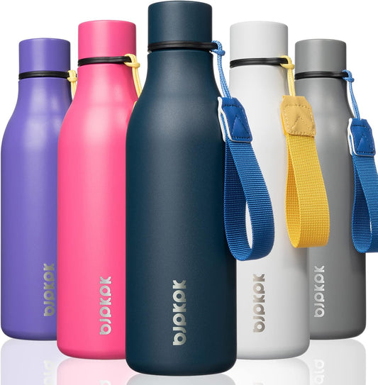 BJPKPK Insulated Water Bottles, 18 oz Stainless Steel Metal Water Bottle with Strap, BPA Free Leak Proof Thermos, Mugs, Flasks, Reusable Water Bottle for Sports & Travel, Navy Blue