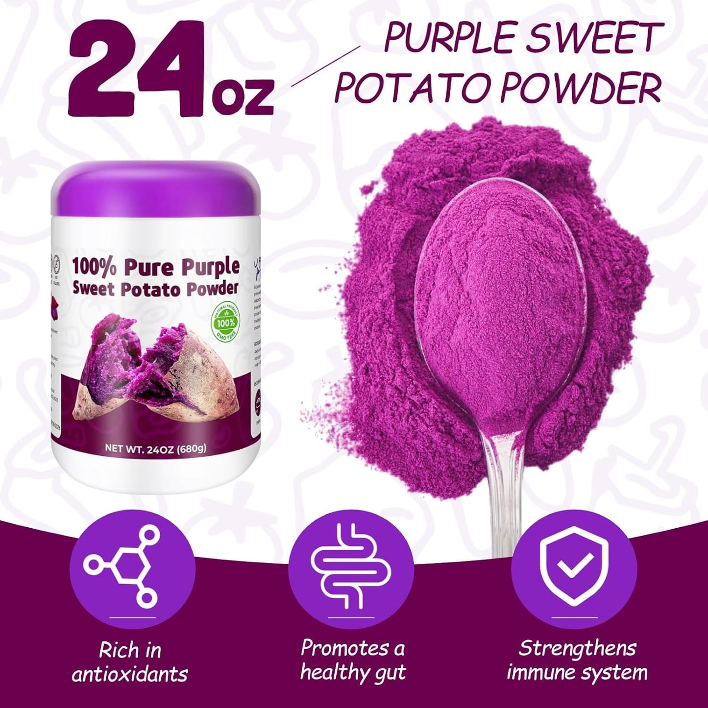 Purple Sweet Potato Powder 24oz (680g) - Natural Food Coloring for Baking, Drinks & Smoothies｜Ube/Purple Yam Alternative, Non-GMO, Gluten-Free, Resealable Fresh Pack