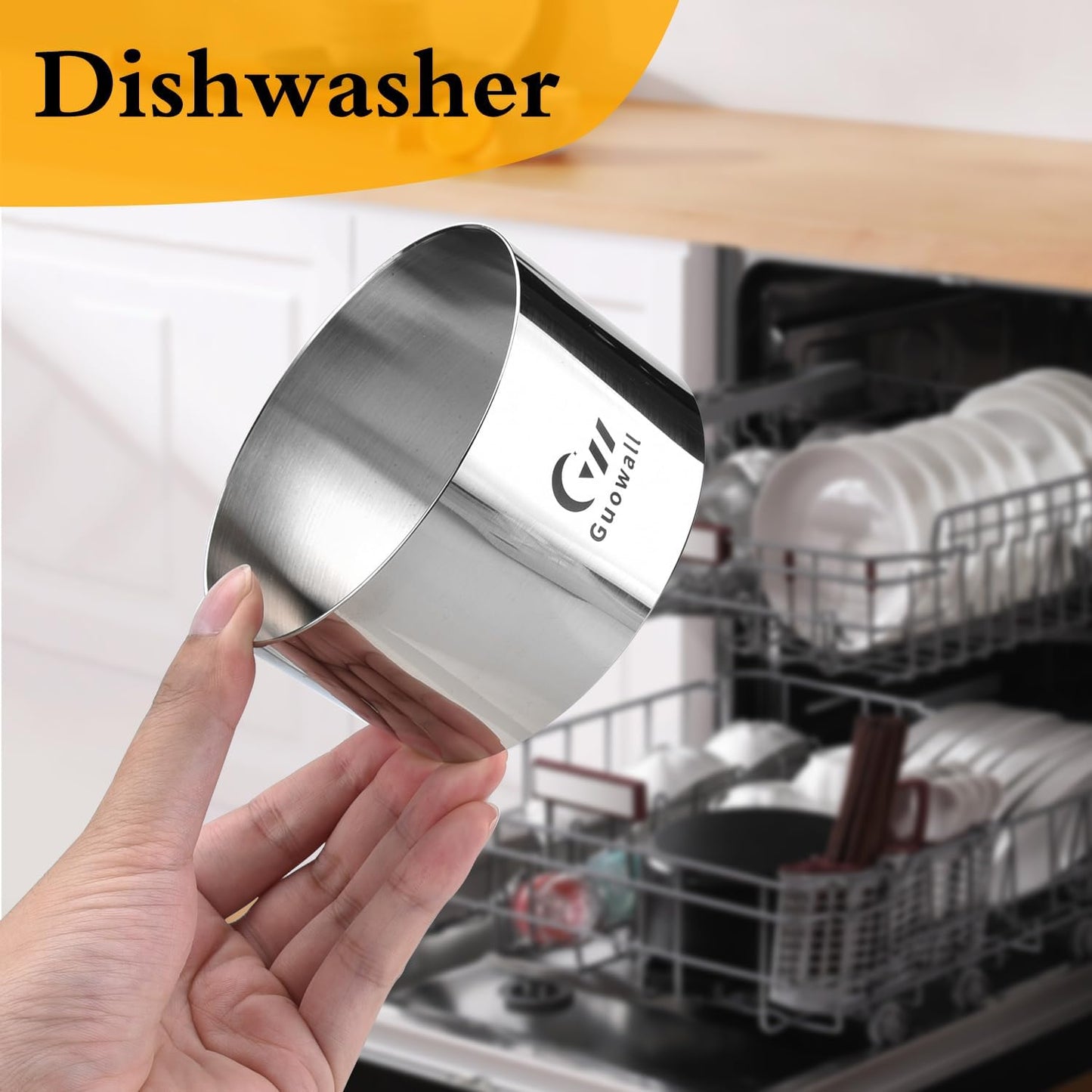 Guowall 4 pack Seamless Mousse Cake Ring set Stainless Steel 4 inch Round Food Mold Dessert Cutter for Baking (Includes 1 Lifter, 1 Pusher and 4 Rings)