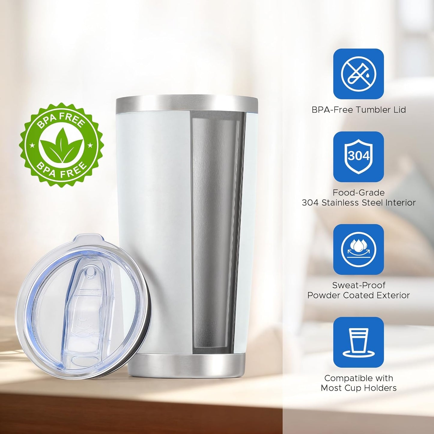 OMTech 20oz Tumblers Bulk, 6pc Stainless Steel Tumbler Set with Lid & Straw, Double Wall Vacuum Insulated Mug for Laser Engraver, Travel Coffee Mug for Hot & Cold Drinks, White Powder Coated Cup