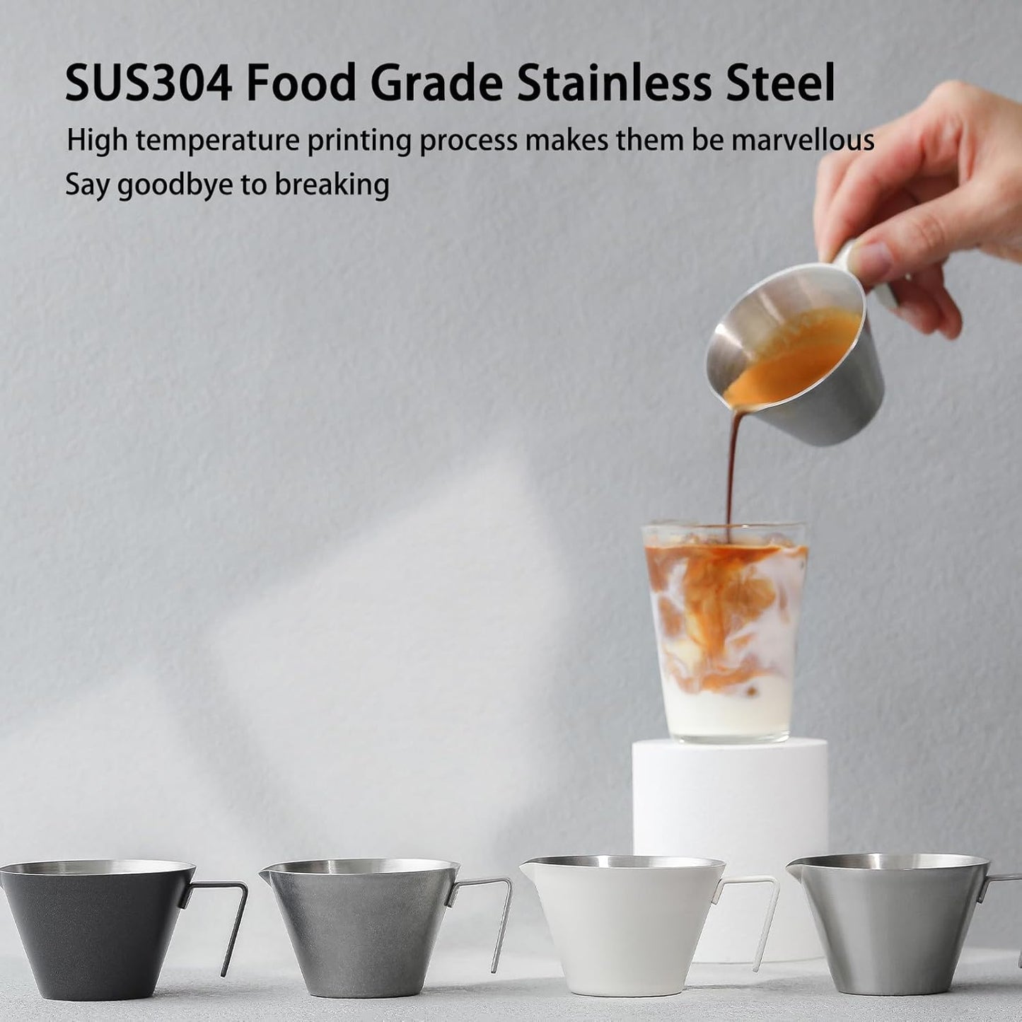 MHW-3BOMBER Espresso Shot Cups with Handle Espresso Measuring Cup Dishwasher Safe 2 Pack Stainless Steel Pouring Cup for Tomato Sauce|Steak Sauce|Dessert|Beverage (Matte Glossy) G6196-OS