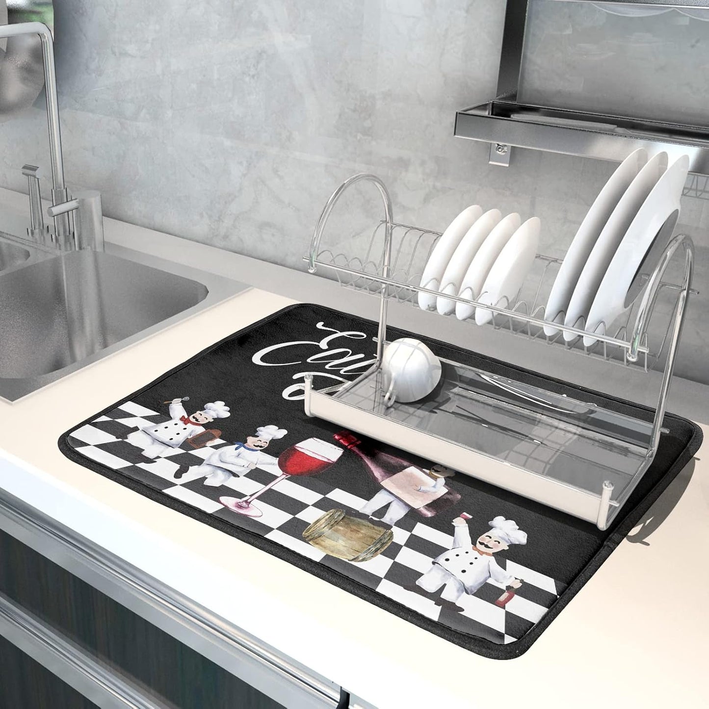Bistro Fat Chef Dish Drying Mat 18x24 Anti Fatigue Wine Plump Italian Red Glass Drainer Mat Black White Chubby Pasta Cook Check Dishes Pad Buffalo Plaid Dish Drainer Rack Mats Kitchen Decor