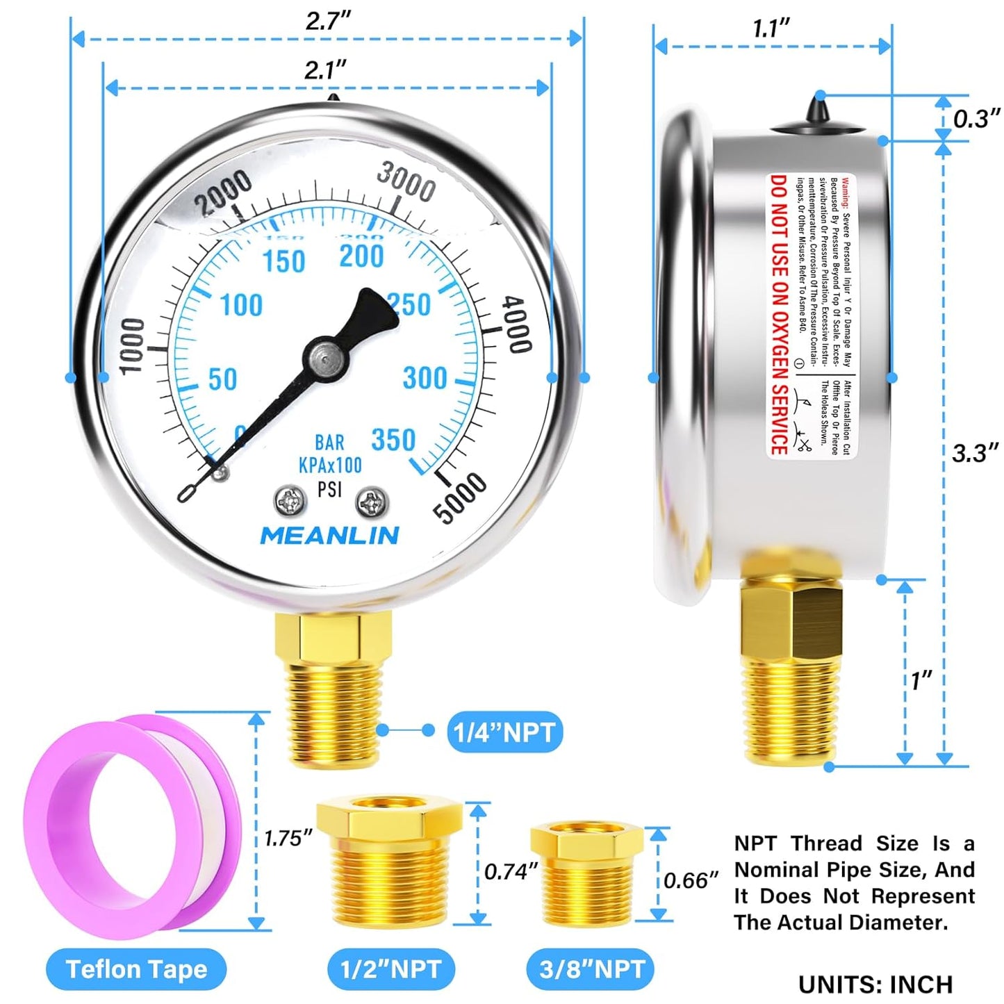 MEANLIN MEASURE 0~5000Psi Stainless Steel 1/4" NPT 2.5" FACE DIAL Liquid Filled Pressure Gauge WOG Water Oil Air Lower Mount, with 1/2" NPT and 3/8" NPT Hex Bushing