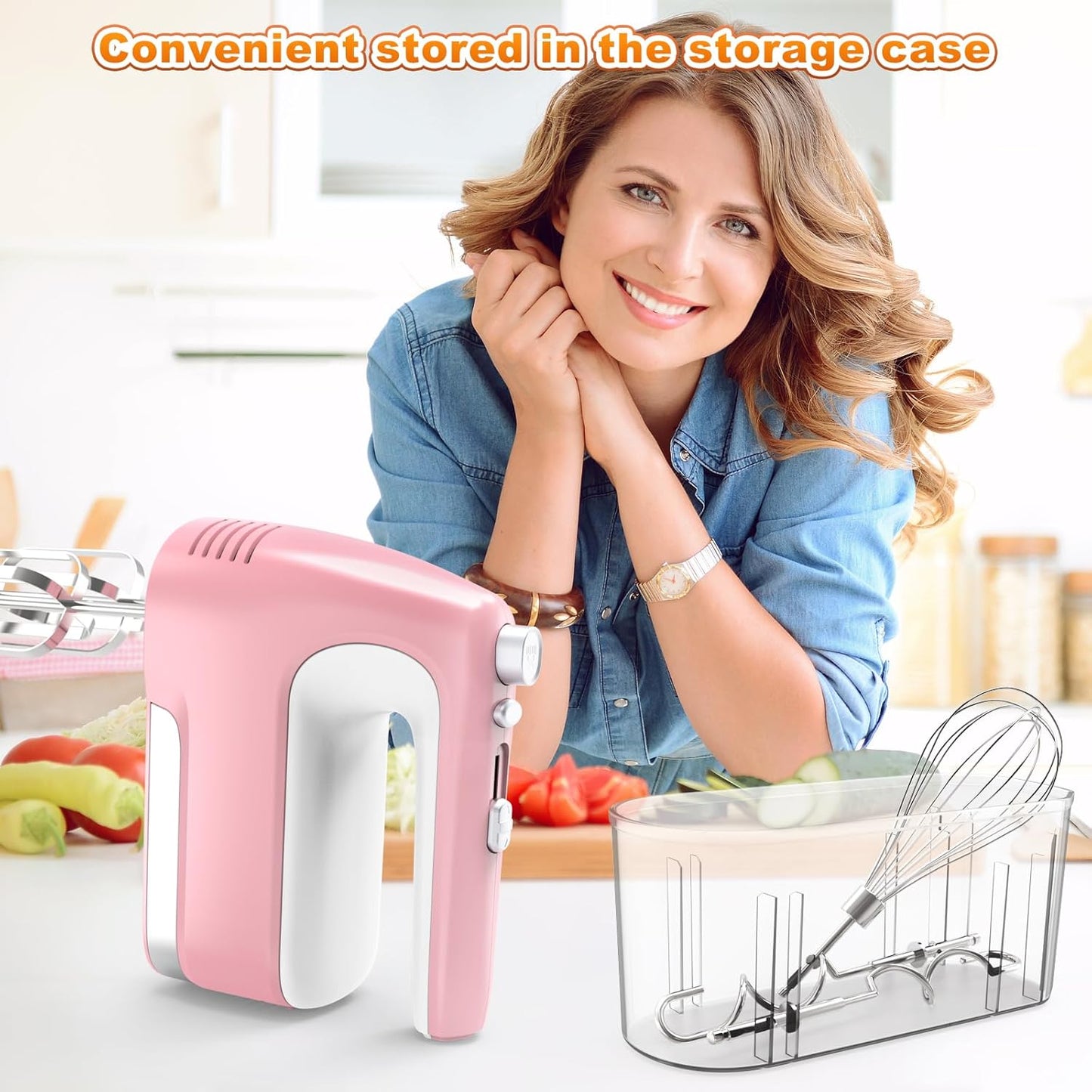 Hand Mixer Electric, 5-Speed Powerful 400W Motor, Hand Mixer Electric Handheld, Handheld Mixer with Turbo Boost & Storage Case, 2x Flat Beaters, 2x Dough Hooks, 1x Whisk for Baking (Pink)