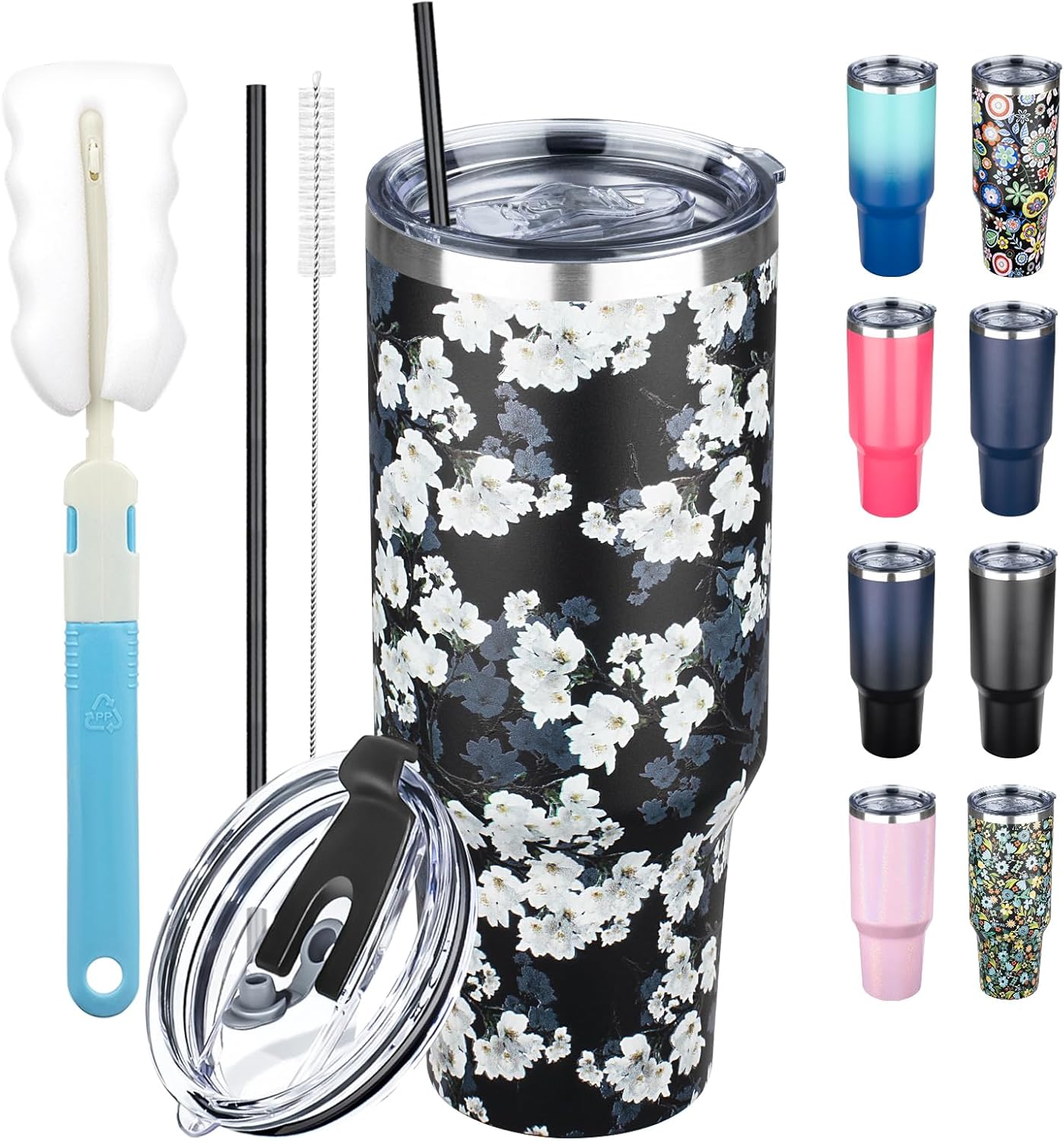 40 oz Tumbler with Lids and Straws, Stainless Steel Insulated Coffee Tumbler, Double Wall Vacuum Insulated Travel Mug Cup, Leakproof Thermal Coffee Cup for Hot and Cold Drinks (White Flower)