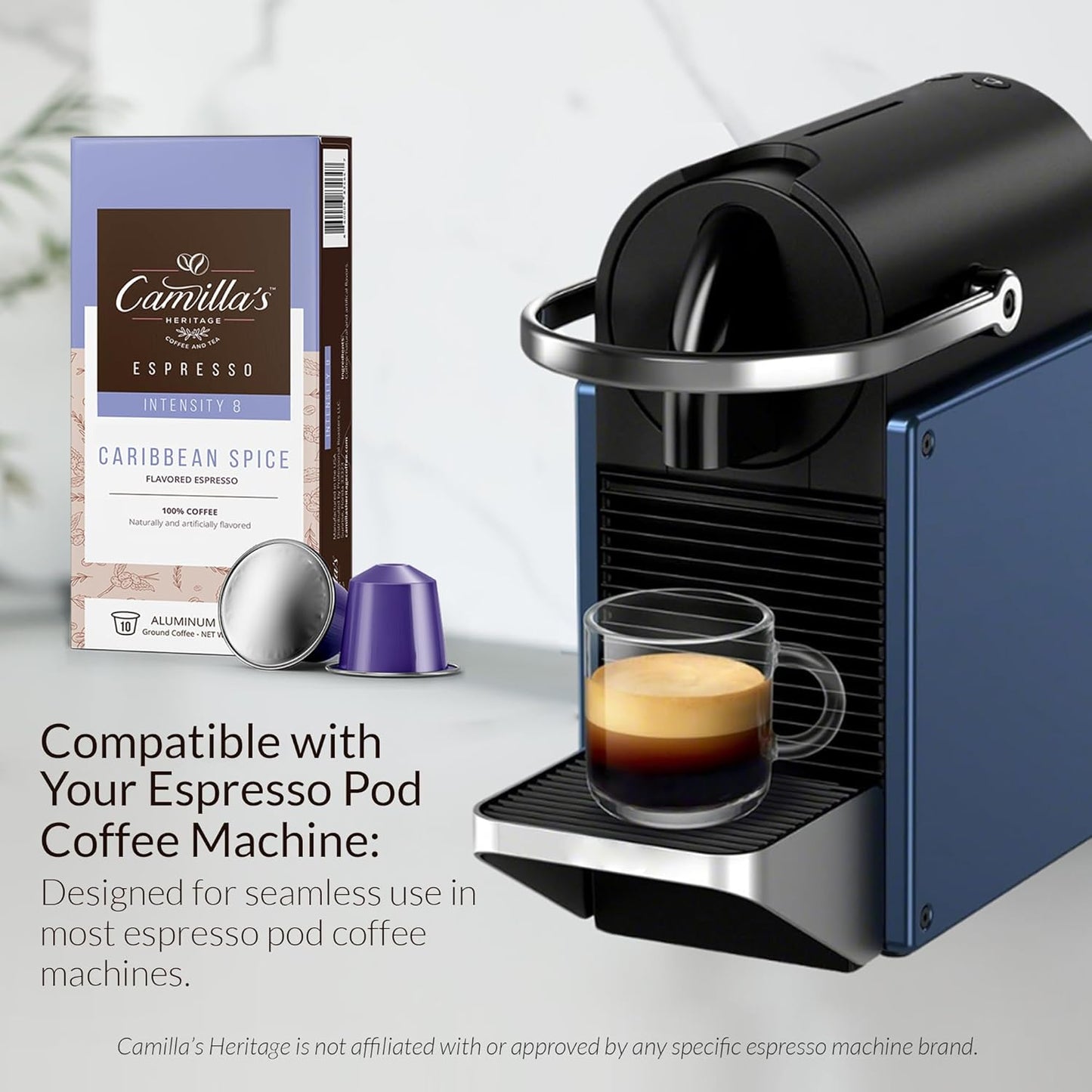 Camilla’s Heritage - Intensity 8 Caribbean Spice Flavored Espresso Coffee, Gourmet Espresso Cups, 60 Coffee Pods