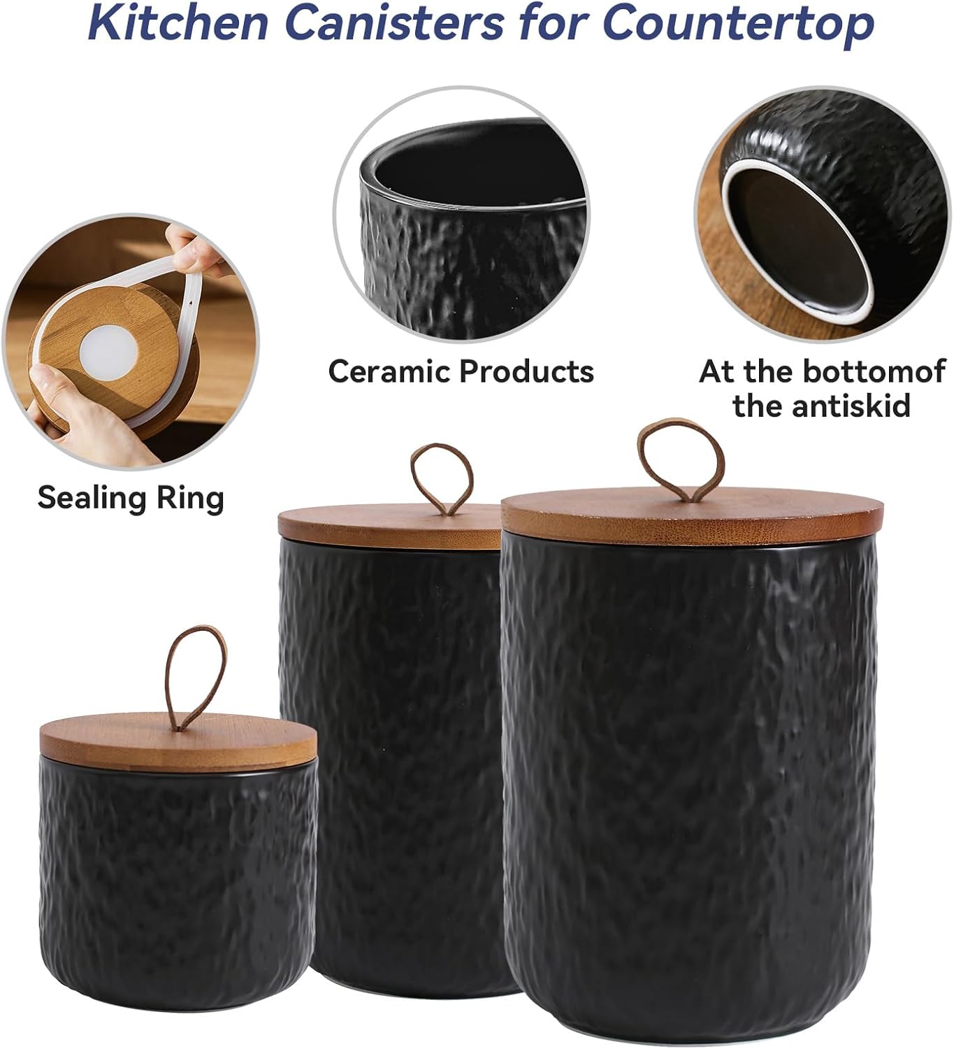 Kitchen Canisters for Countertop, Ceramic Coffee Canisters with Airtight Lids Food Storage Jars Sugar Container for Kitchen Counter Tea, Coffee Beans, Spice (#001Black-27oz/800ml)