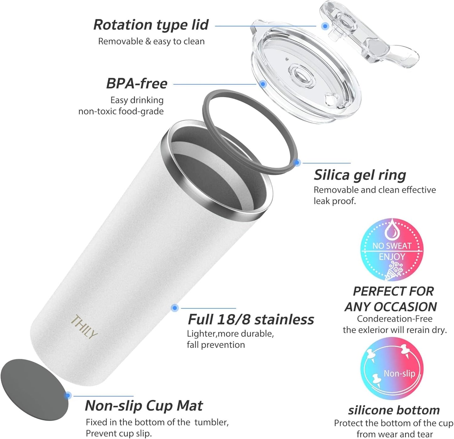 THILY Vacuum Insulated Tumbler Stainless Steel 26 oz Coffee Cup with 2 Lids and Straws, Powder Coated Travel Mug, Keeps Ice Drinks Cold, White