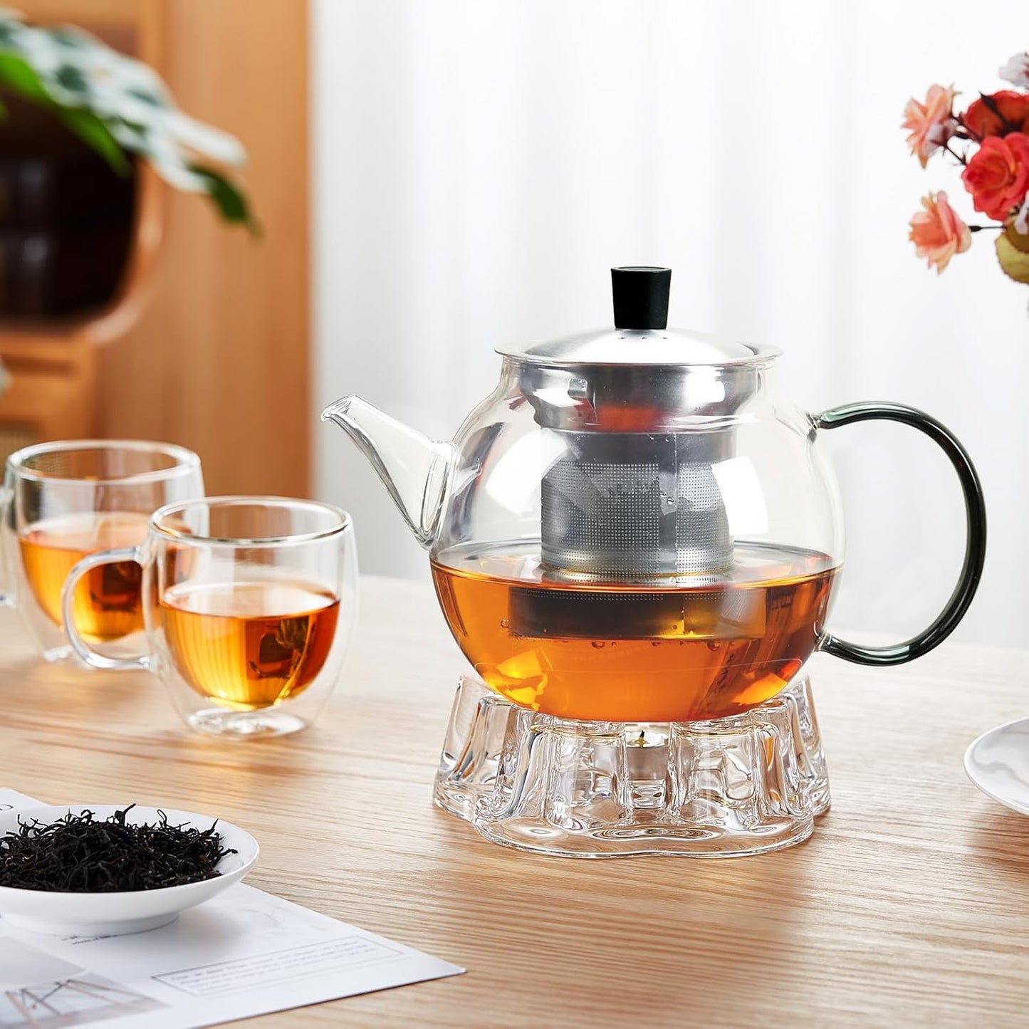 28OZ Glass Teapot with Infuser Stovetop Safe, 800ml Borosilicate Glass Kettle Tea Pot with Infusers tea infuser pot for loose leaf tea, tea Maker brewer, Dishwasher Safe, tetera para te (Clear)