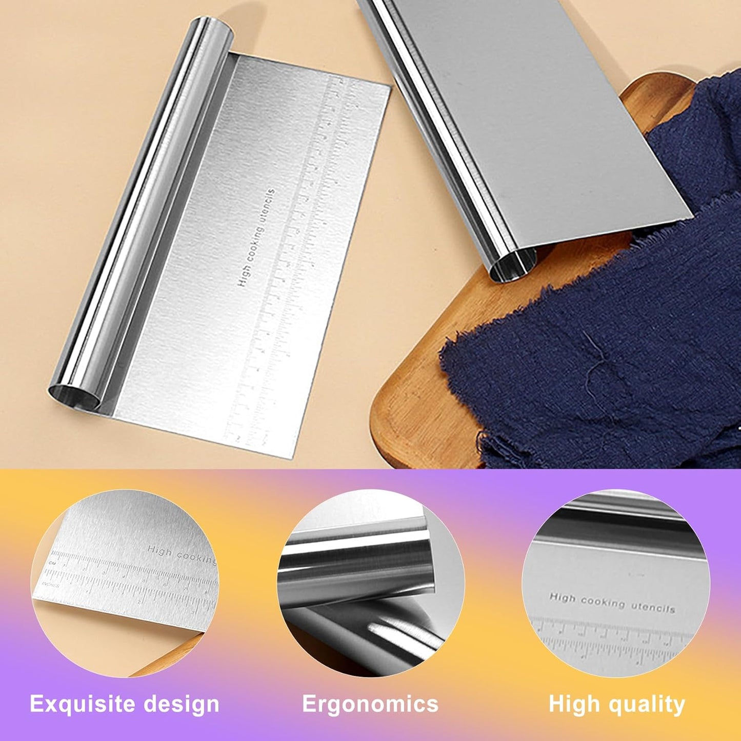 2 Pack Stainless Steel Dough Cutter Scraper Set - Bench Scraper & Pastry Knife with Measuring Marks - Bread Dough Baking Professional Kitchen Tool