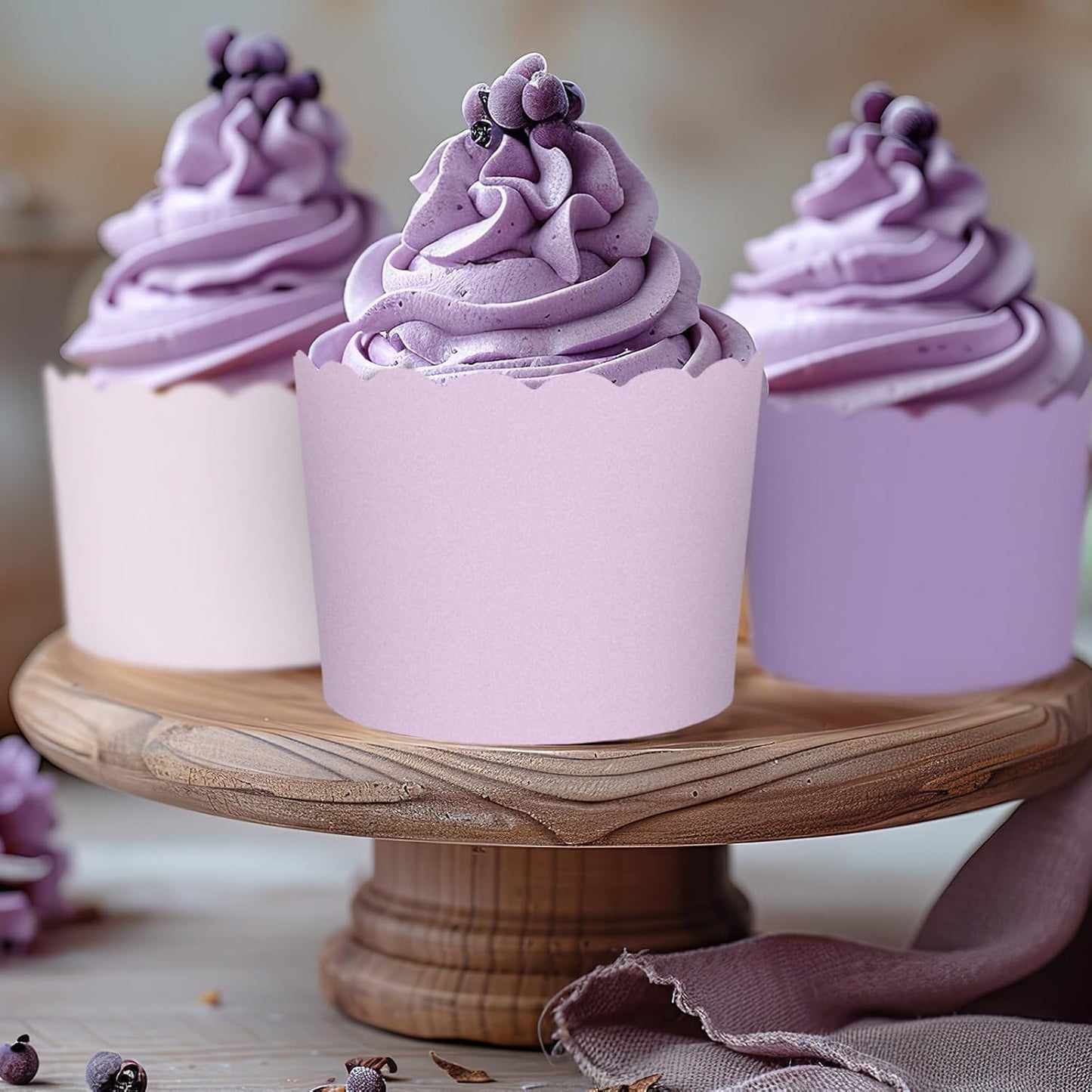 Whaline 120Pcs Purple Paper Baking Cups Scalloped Edge Cupcake Wrappers Gradient Purple Cupcake Muffin Cases for Wedding Birthday Baby Shower, 3 Colors
