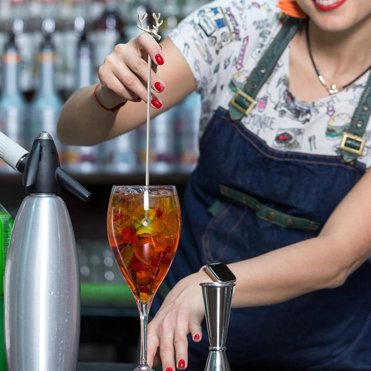 Swizzle Sticks,5 Pcs Stainless Steel Reusable Deer Head Shape Cocktail Stirrer Coffee Beverage Stir Sticks for Cocktail, Whiskey, Hot Cocoa, Creamer (Ancient Silver)