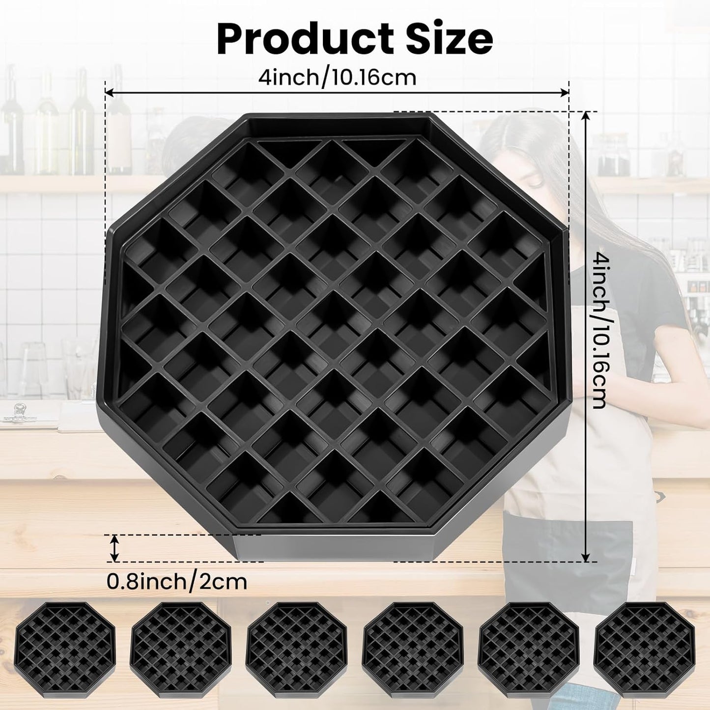 6 Pcs 4 Inch Black Plastic Octagon Coffee Drip Trays with Honeycomb Grid for Coffee, Tea, Wine