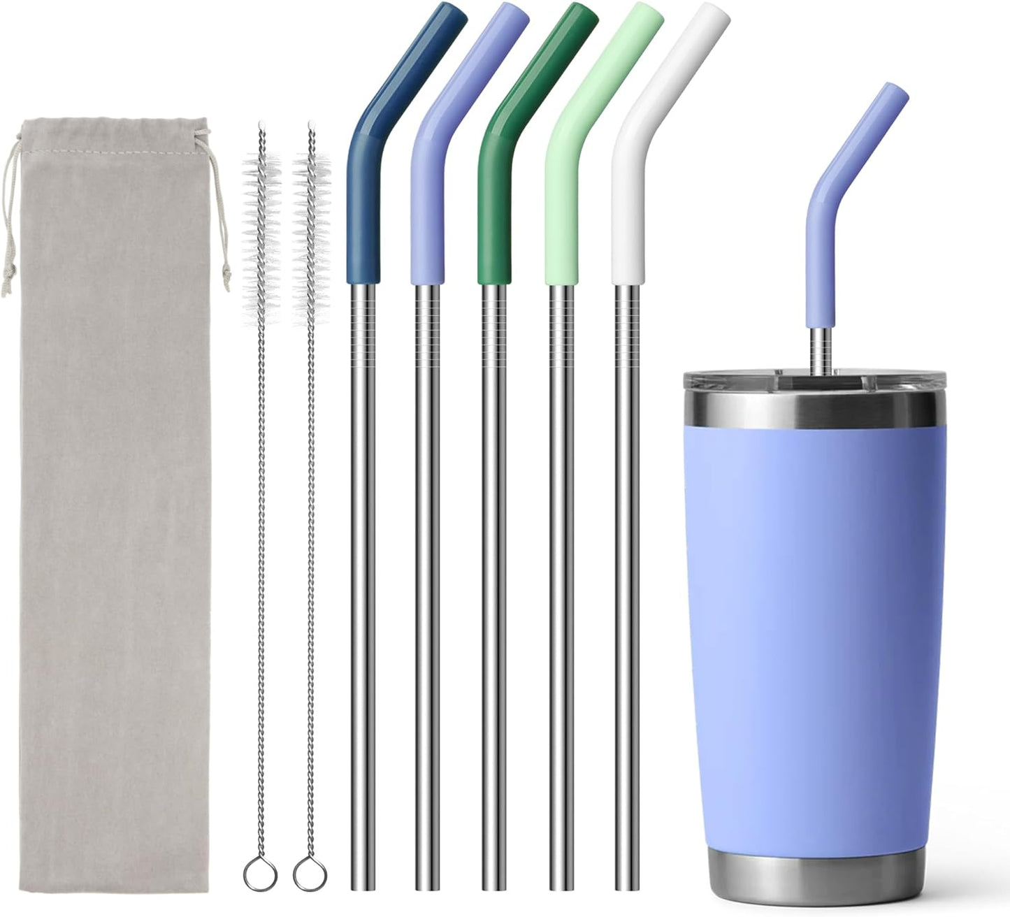 8.5" Metal Straws Reusable for 20 oz Tumbler, 5 Pcs Stainless Steel Drinking Straws for Yeti/RTIC/CIVAGO 20 oz Tumblers, 1 Portable Bag