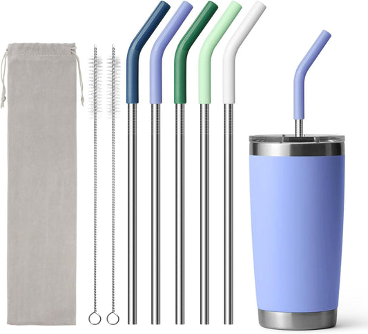 8.5" Metal Straws Reusable for 20 oz Tumbler, 5 Pcs Stainless Steel Drinking Straws for Yeti/RTIC/CIVAGO 20 oz Tumblers, 1 Portable Bag