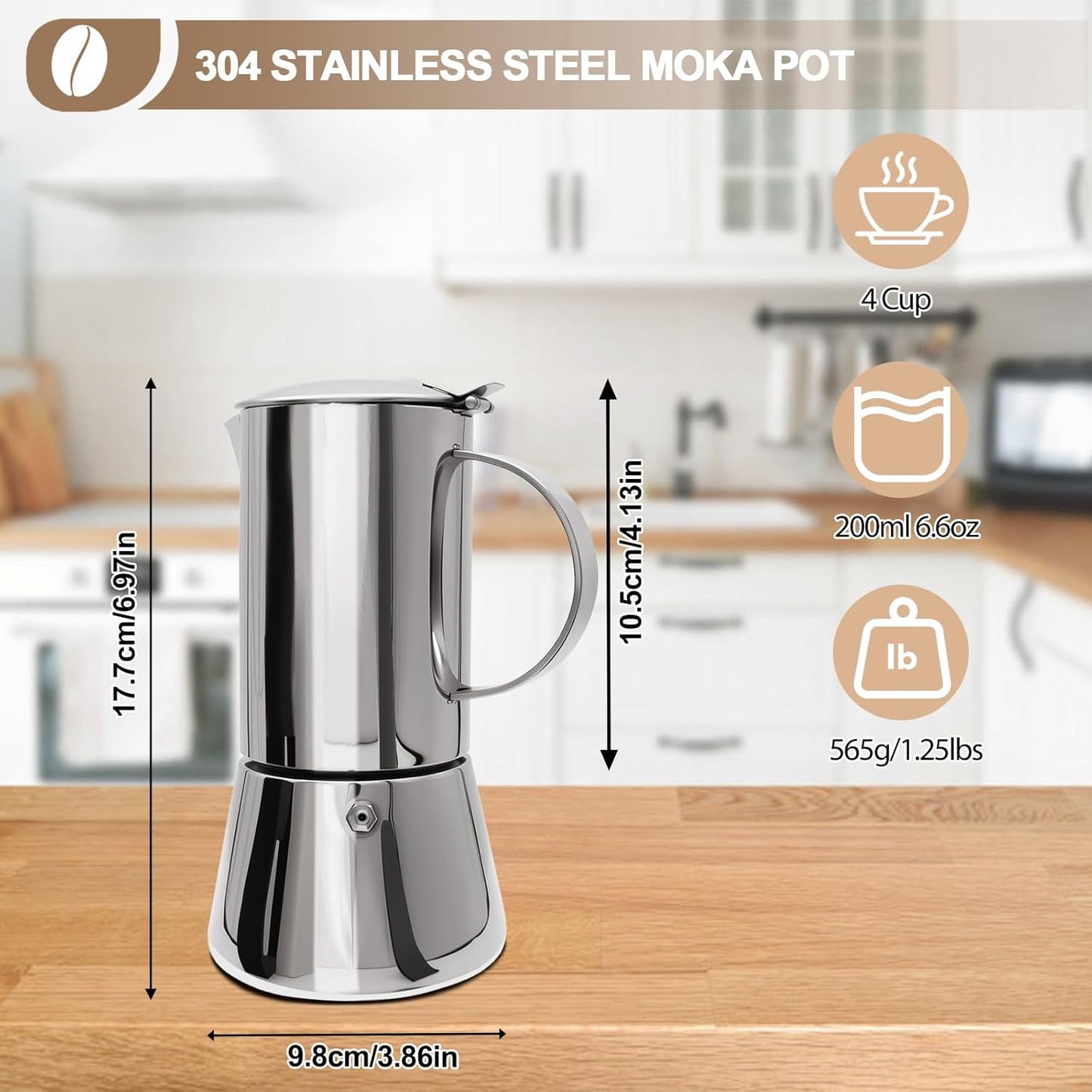 Uncoated 4 Cup Moka Pot 304 Thickened Stainless Steel Coffee Maker Stovetop Espresso Coffeemaker Italian Classic Style Brewing Greca Cafe Mocha Machine for Cafeteras Camping Travel Home 200ml 6.6oz