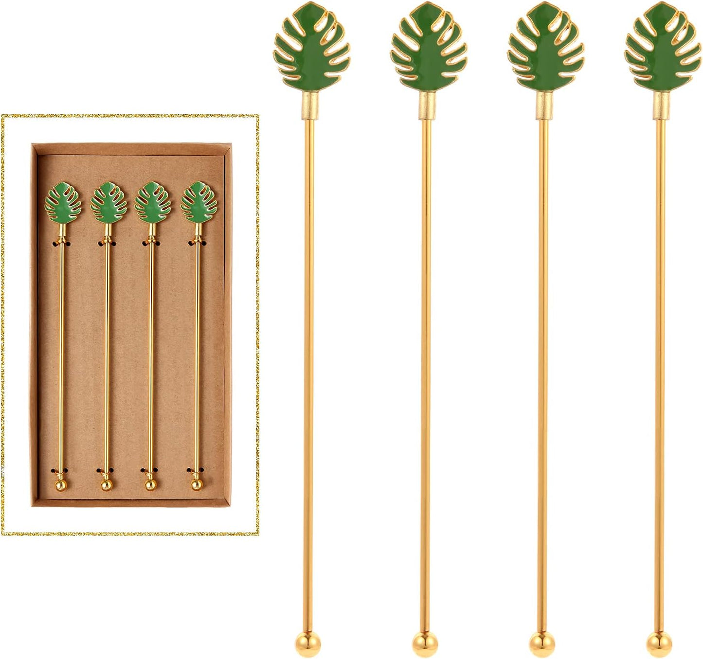 Palm leaf Drink Stirrer Sticks Stainless Steel Coffee Beverage Stirrers，Set of 4 Cocktail Swizzle Stick,7.5", Multicolor