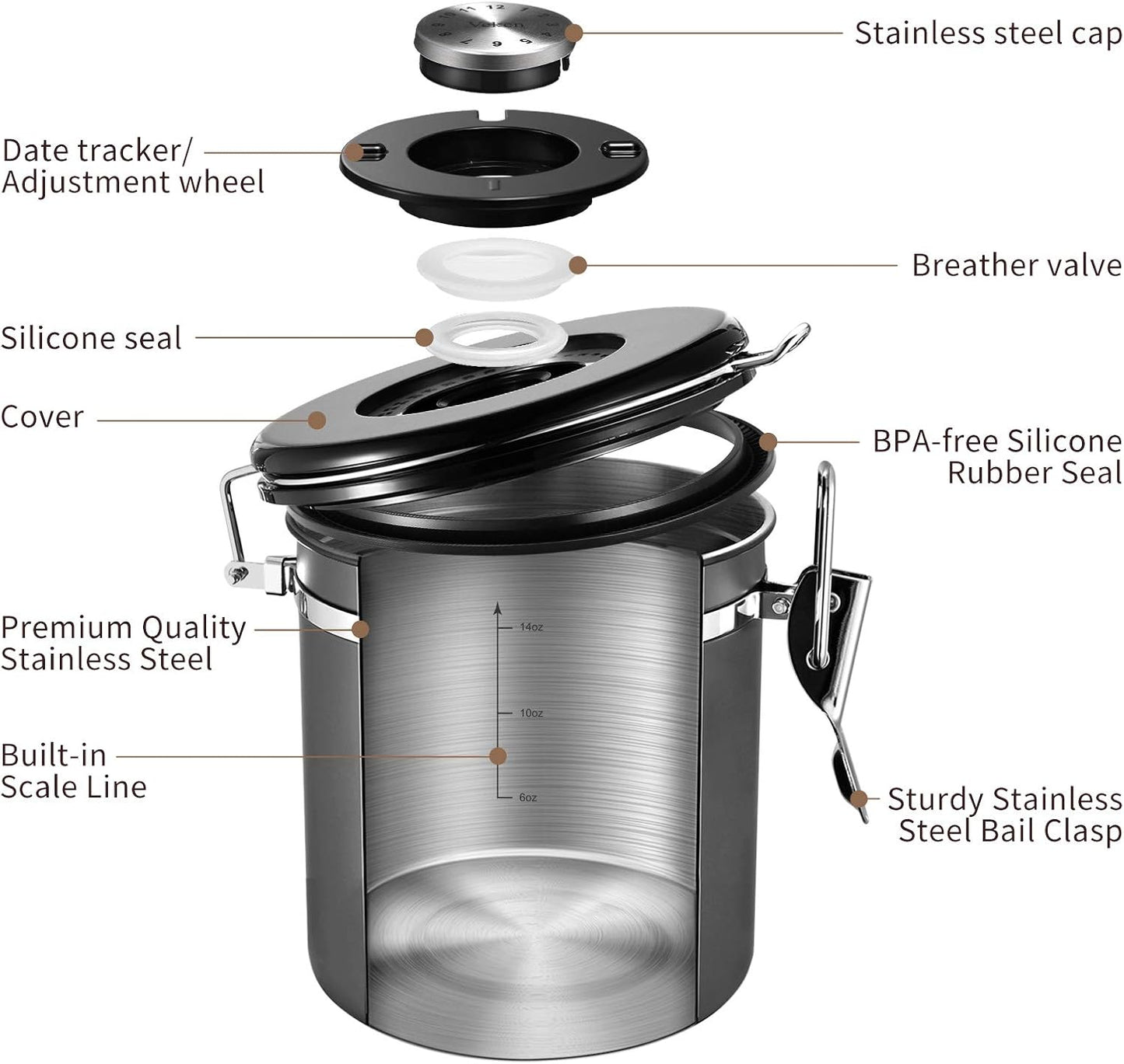 Veken Coffee Canister, Airtight Stainless Steel Kitchen Food Storage Container with Date Tracker and Scoop for Beans, Grounds, Tea, Flour, Cereal, Sugar, Cookies Jars, 16OZ Gray