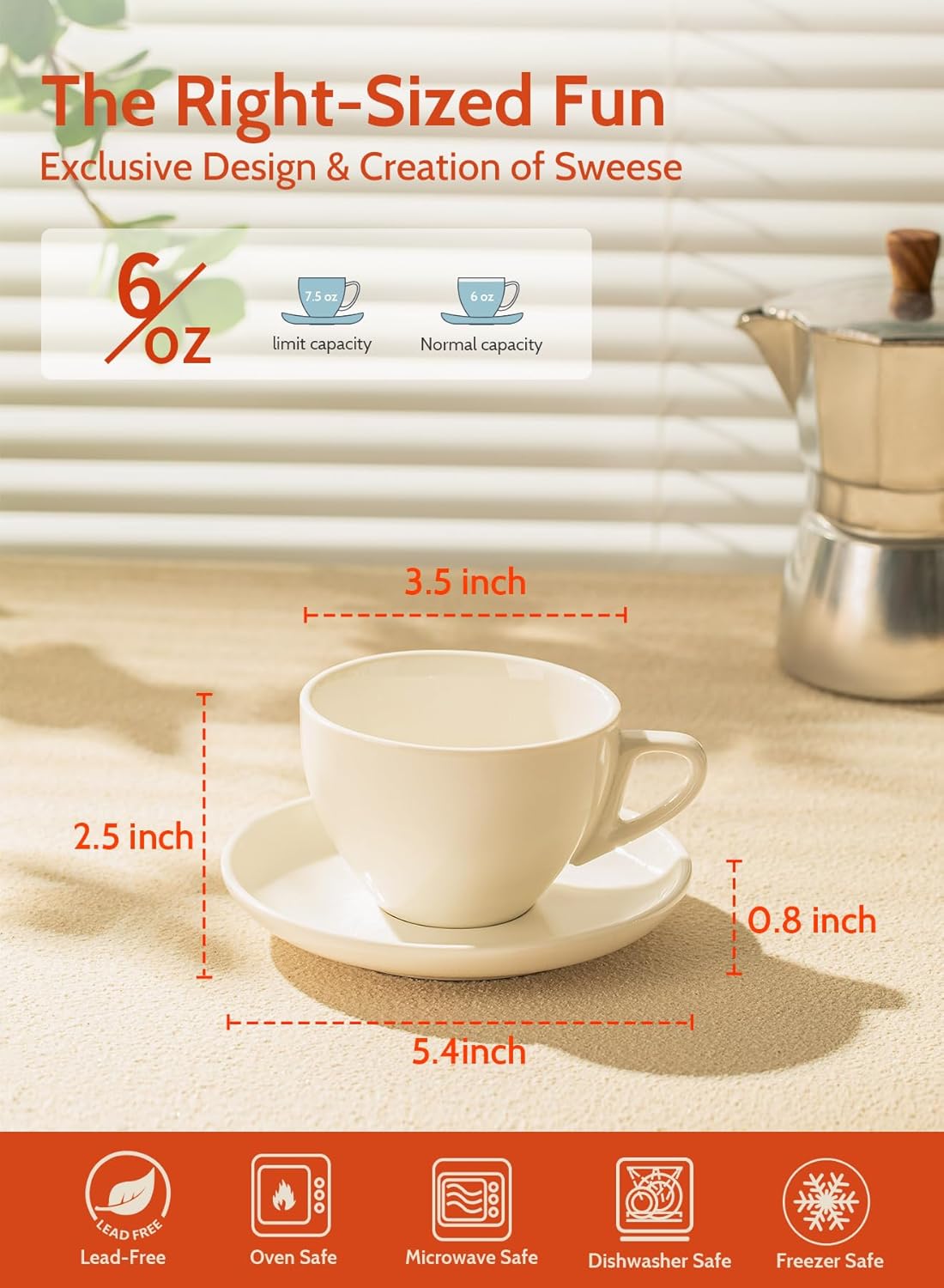 Sweese 6 Ounce Cappuccino Cups with Saucers, Porcelain Double Espresso Cups Set of 6 - White