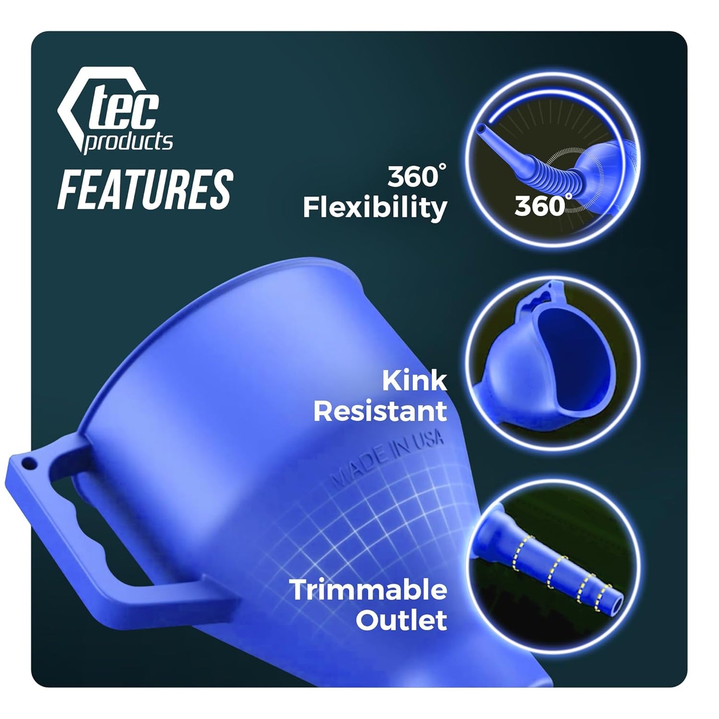 FlexAll Long Flexible Funnel for Automotive Use - Durable Nitrile Rubber - Ideal for Car Oil Change, Transmission Funnel Fluid, Diesel, Fuel, Gas - Made in USA - Blue (12 x 4 Inches)